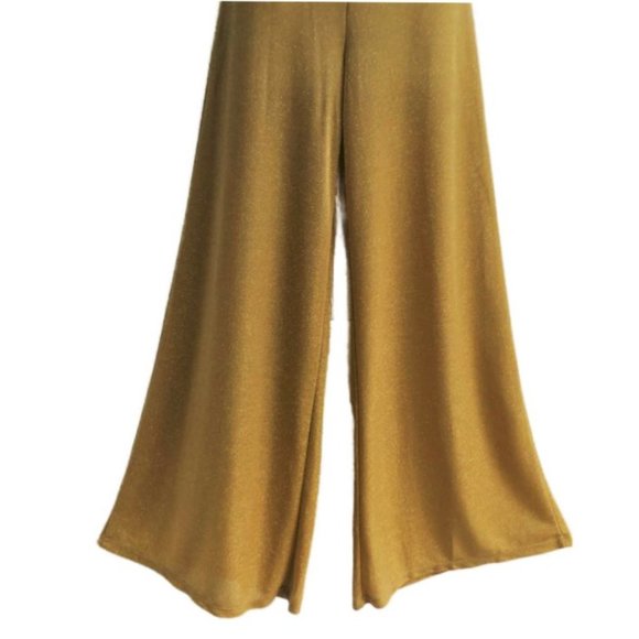 SOLD 70s Studio 54 Disco Jumpsuit Lame Golden Glitter Strapless Wide Leg S - Picture 4 of 9